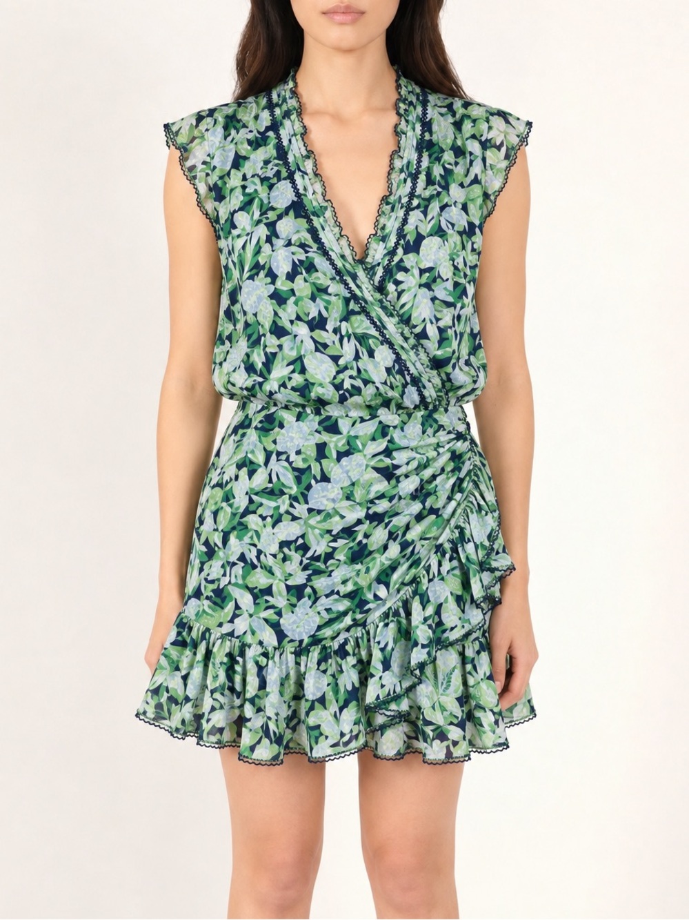 Poupette St. Barth Estelle Mini Ruffle Dress Green Blue XS Coastal Resort